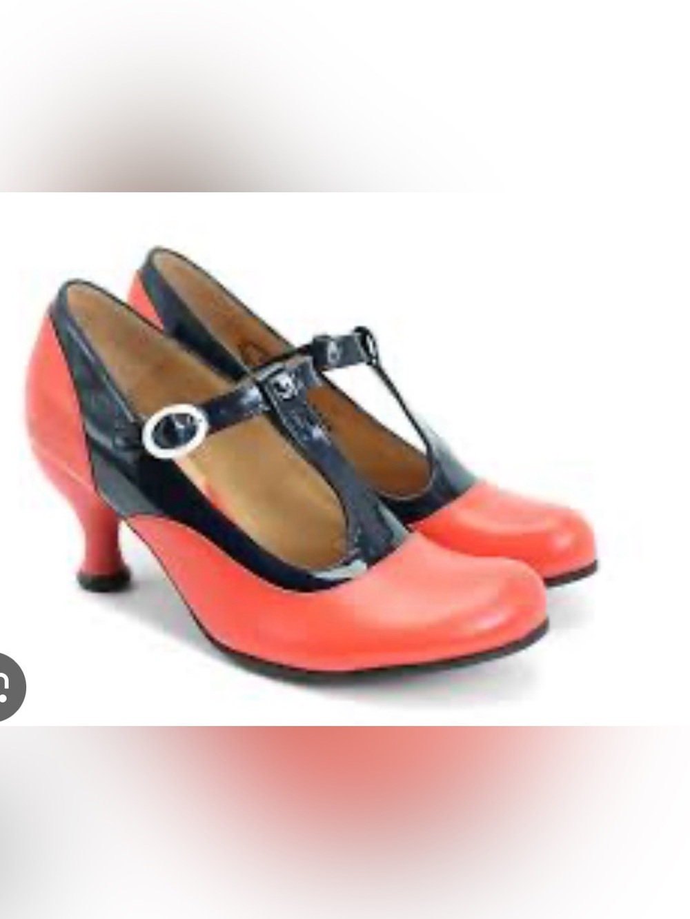 Fluevog EXCELLENT Bellevue Laura Evans tomato/navy patent T-strap retro heel- 8